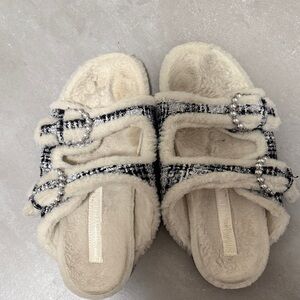 Stuart Weitzman Cream and Black Fuzzy Slippers